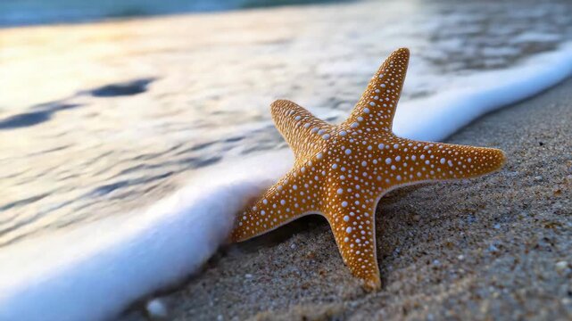 A vibrant starfish with intricate patterns rests on the sand at the shoreline. This captures a serene moment in nature.