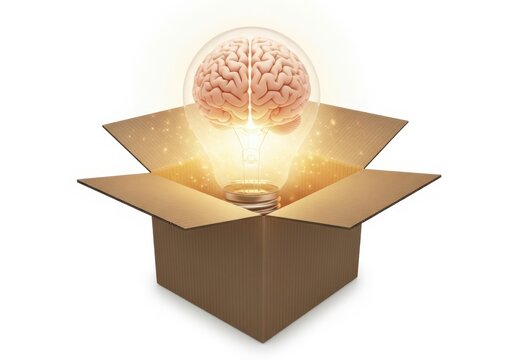Human brain glowing with light inside open cardboard box concept