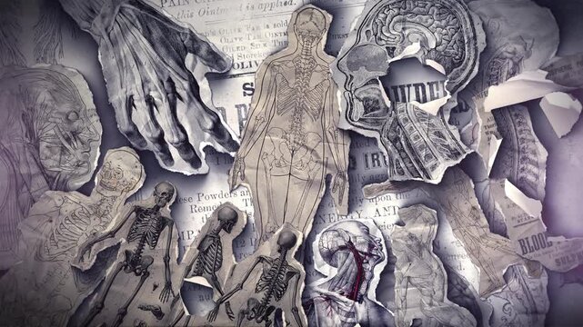 A vintage anatomical themed background of old illustrations that animate into place from torn paper pieces.
