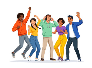 Obraz premium Diverse Group of Happy Young People Dancing and Celebrating Vector Illustration