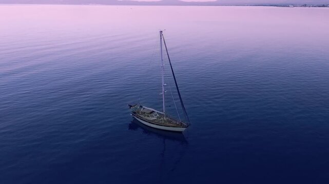 Close Aerial View of Anchored Sailboat on Calm Morning Sea Near Verga and Kalamata, Greece, Peaceful Mediterranean Yacht Floating on Deep Blue Water