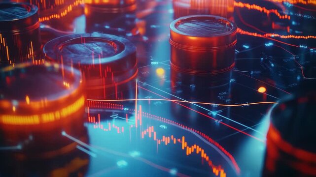 Abstract visual representation with coins and graphs depicting the process of cryptocurrency mining and exchange rate fluctuations.