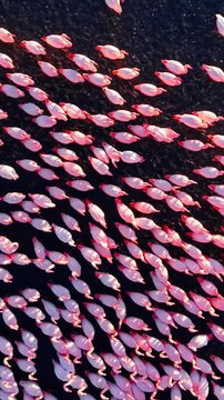 Overhead pattern of flamingo flock on dark water. Pink and white birds form diagonal lines while wading through the lake. Vertical video.