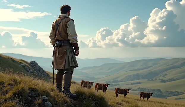 Solitary cattle herder in an authentic Medieval period clothing made of linen, wool and leather, standing atop a grassy hill, overlooking his herd spread across the valley, ai