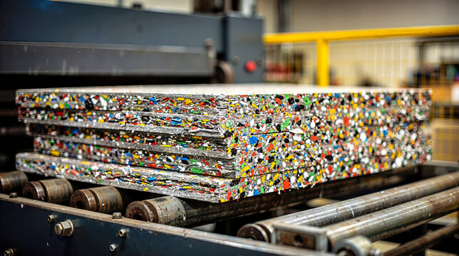 Recycled plastic slabs with multicolored chips on industrial conveyor. Stack of composite material panels in a manufacturing factory. Sustainable production concept