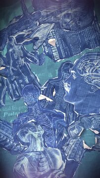 A vintage anatomical themed background of old illustrations that animate into place from torn paper pieces.

