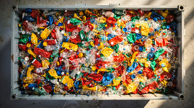 Top view of crushed plastic bottles in an industrial container. Colorful recycled plastic waste for recycling