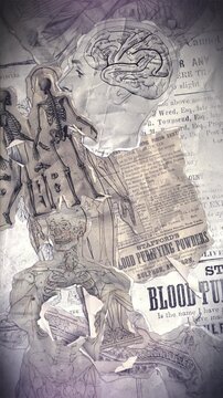 A vintage anatomical themed background of old illustrations that animate into place from torn paper pieces.
