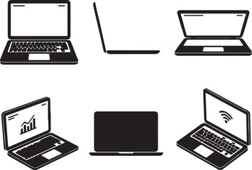 Fototapeta premium Laptop computer vector line art icons set, notebook computer symbols in different angles