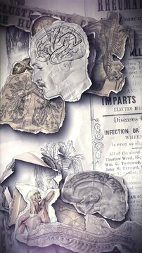 A vintage anatomical themed background of old illustrations that animate into place from torn paper pieces.
