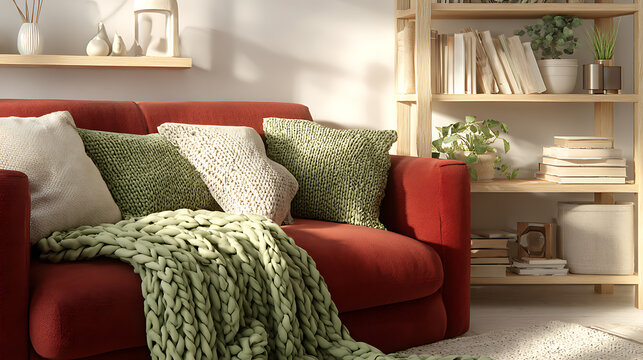 Cozy living room with red sofa, knitted pillows, and a chunky throw blanket
