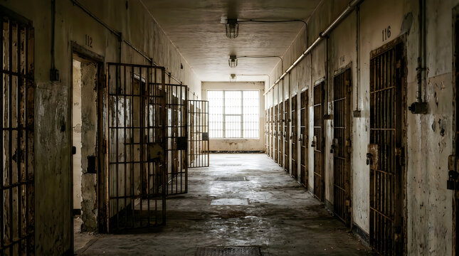 Dimly lit hallway in an aged prison block with open cell doors.