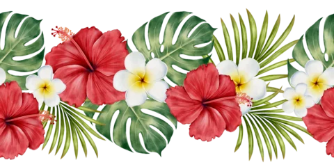 Fototapeten Tropische Blätter Tropical floral seamless border drawn in watercolor style with hibiscus, plumeria, monstera and palm leaves, repeating design for textile, packaging, wallpaper and wrapping paper.  © Alona