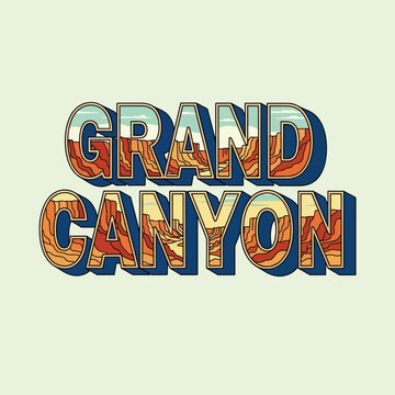 Grand Canyon text typography with desert landscape inside letters.