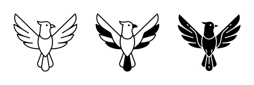 Minimalist bird icon set, three distinct black and white vector illustrations, simple animal symbol collection for branding