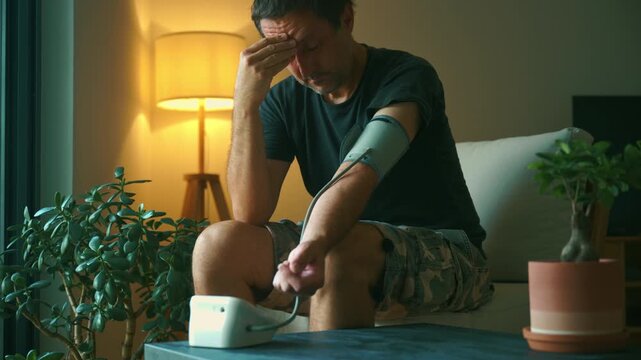 Middle-aged man monitors his blood pressure at home using a digital arm cuff while seated in a cozy living room, conveying self-care, health monitoring, routine, and concern for wellbeing. 4K.