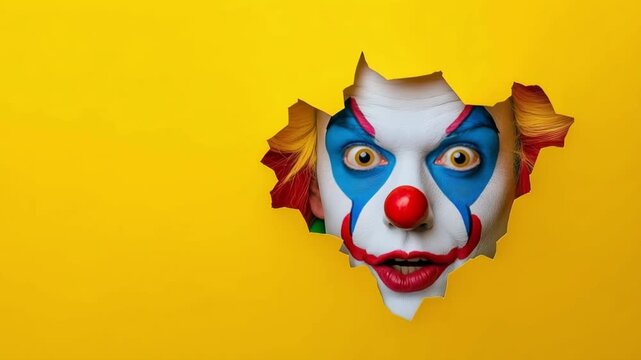 Creepy clown face bursting through torn yellow paper, eerie fear concept, spooky surprise, unsettling humor, dramatic phobia mood, Halloween scare.