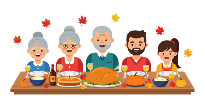 A happy family, including grandparents, parents, and a child, gathered around a table for a festive Thanksgiving or autumn harvest dinner with a roasted turkey and pumpkin pie.