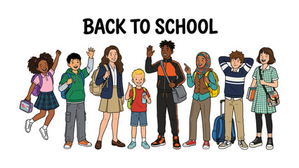 Obraz premium Back To School Diversity: A vibrant illustration showcasing a diverse group of school-aged children, each carrying backpacks or bags, ready to embrace the new academic year.