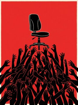 Desperate hands reaching for office chair corporate environment digital art dramatic perspective