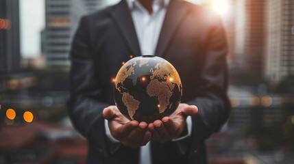 Fototapeta premium Businessman Holding Globe Symbolizing Global Reach and Connectivity in Today s Business World