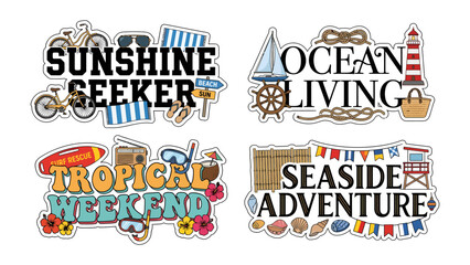 Summer Vacation Collection: A vibrant compilation of four distinct graphic design elements, each embodying the spirit of summer holidays with themes like Sunshine Seeker, Ocean Living. © Khadiza