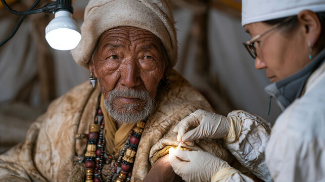 Tibetan plateau elder undergoes immune blood panel at high-altitude mobile clinic, nurse in gloves collects sample under bright portable lamp, immunosenescence altitude research,