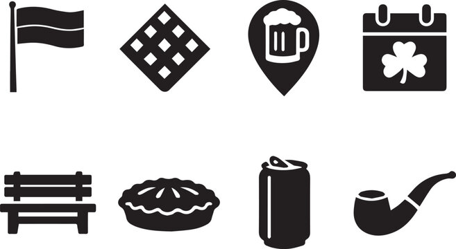 Black Silhouette Vector Icon Set Featuring Germany Flag, Picnic Napkin, Beer Pin, Saint Patrick Day Calendar, Park Bench, Pie, Beverage Can and Smoking Pipe