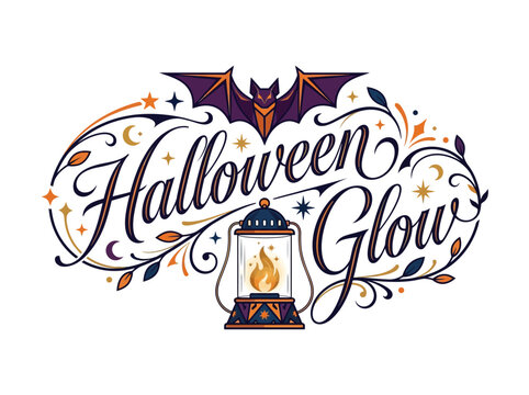 Halloween Glow Calligraphy Vector Illustration with Bat and Lantern Design