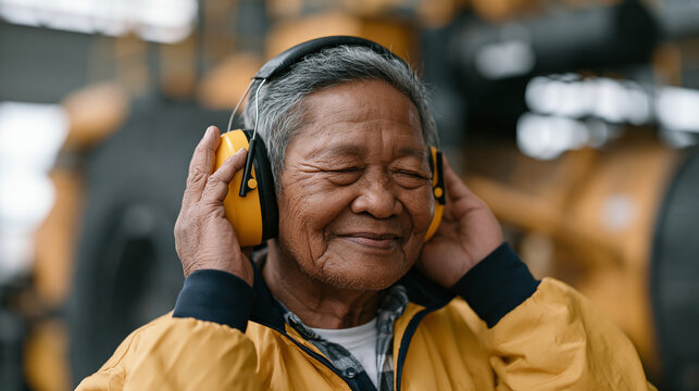 Filipino audiologist fits custom ear protection on elderly factory worker in industrial machinery hall, candid unposed moment, hearing loss prevention aging, occupational noise