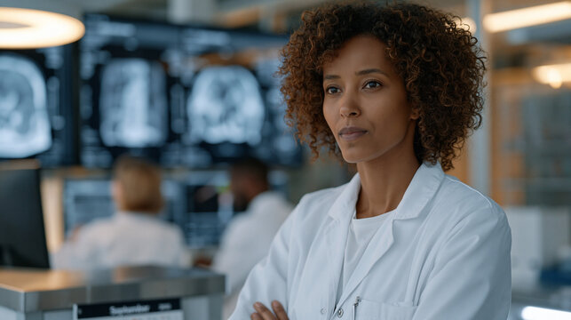 Ethiopian aerospace medicine researcher reviews bone density scan results on wall display inside orbital health simulation lab, colleagues studying resistance exercise data behind