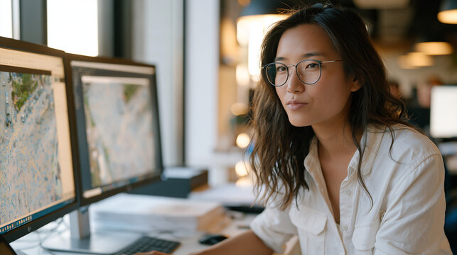 Filipino data labeling technician carefully tags pedestrian behavior patterns in surveillance footage on desktop workstation, stacks of annotated printouts beside keyboard, late