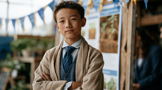 Tibetan teen wins regional science fair with Mars agriculture soil experiment, standing proudly beside display board showing plant growth results in simulated Martian substrate,