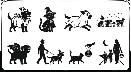 Fototapeta premium Cute Pets in Halloween Costumes Dog and Cat Vector Silhouette Set
