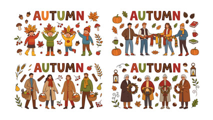Naklejka premium Autumn Celebration Collage: A vibrant collage of illustrations depicts various people enjoying the fall season, with the word Autumn creatively integrated into each scene alongside autumnal motifs.