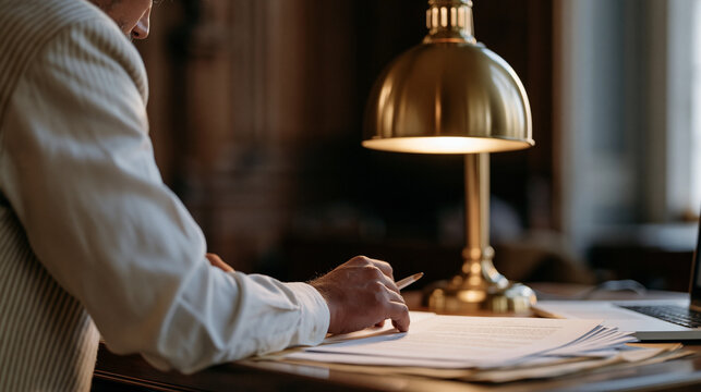 Peruvian patent attorney and AI invention disclosure system displayed on courthouse desktop terminal, printed prior art search results fanned across legal desk, close up hands