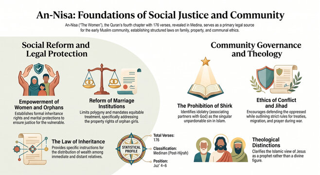 Educational infographic exploring Surah An-Nisa, its guidance on family, justice, inheritance, rights and social responsibility.