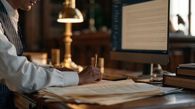 Peruvian patent attorney and AI invention disclosure system displayed on courthouse desktop terminal, printed prior art search results fanned across legal desk, close up hands