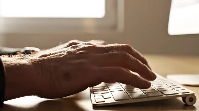 Person typing on a computer keyboard in a bright office
