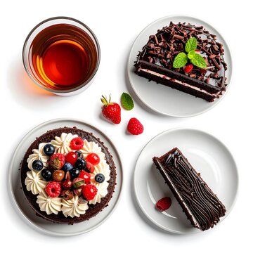 Assorted Desserts and Tea on White Plates.