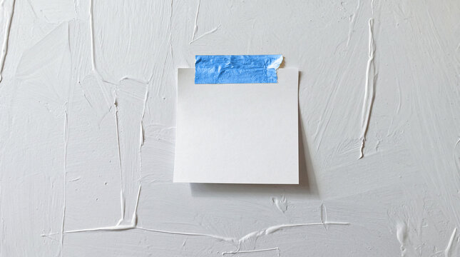 Blank Square Memo Mockup with Blue Tape on a White Textured Wall