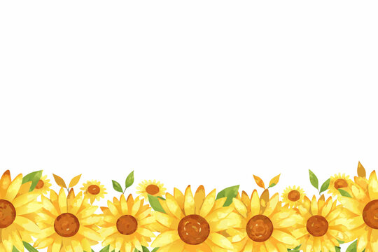 Watercolor sunflower border with green leaves on a white background