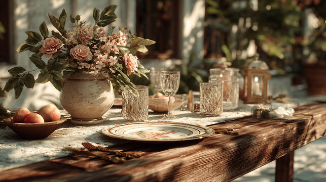 Spring gathering in a garden with flowers, fruits, and a decorated table setting