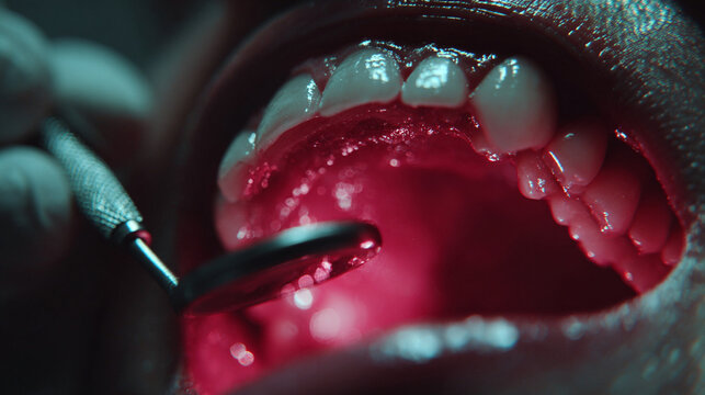 Bright light shines on teeth during dental cleaning at a clinic in the afternoon while a dentist checks for cavities