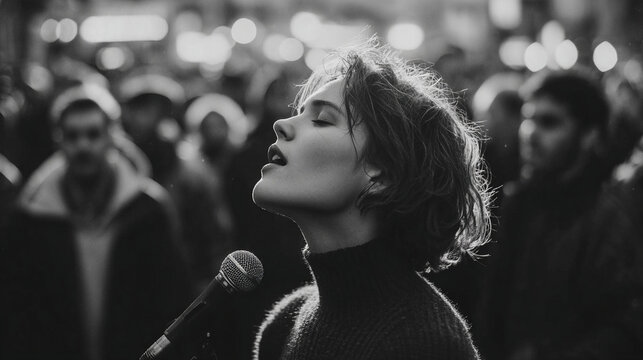 Person sings on the street surrounded by a crowd during evening in a busy city area
