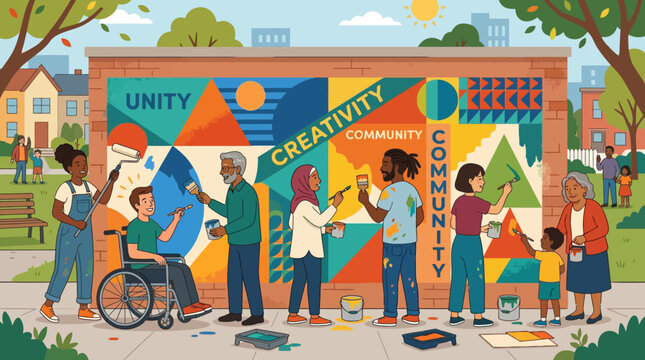 Diverse group of people painting a vibrant community mural together.