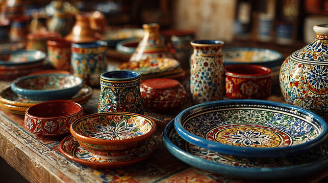 Colorful Maghreb tableware displayed on a wooden table in a market setting filled with various traditional items and designs