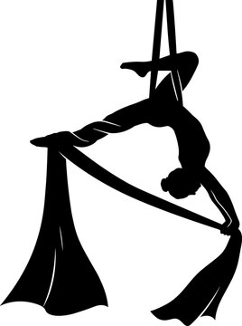 vector can editable Graceful silhouette of an aerial silk artist performing a complex acrobatic pose