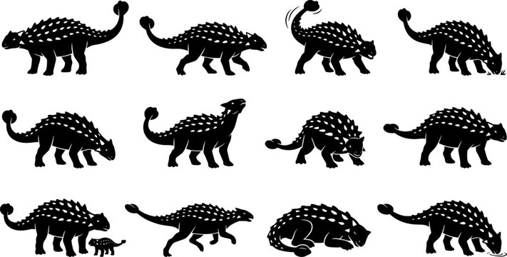 vector can editable Heavily armored ankylosaurus silhouettes highlighting defensive osteoderms and tail clubs