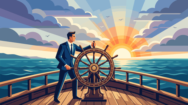 Determined businessman steering ship towards a bright future.